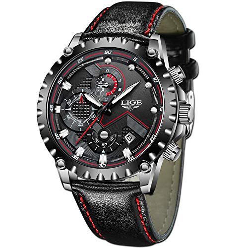 Relojes deportivos para hombre con correa de cuero IP, chapado en negro,  acero clásico, casual, reloj analógico de cuarzo, Rojo 
